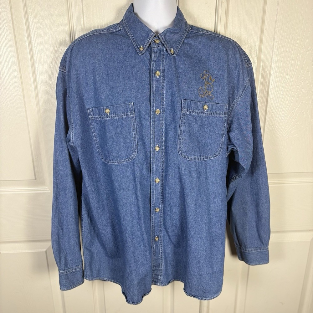 Walt Disney World Button Up Shirt Mens Size XL Blue Denim Mickey Mouse Embriod